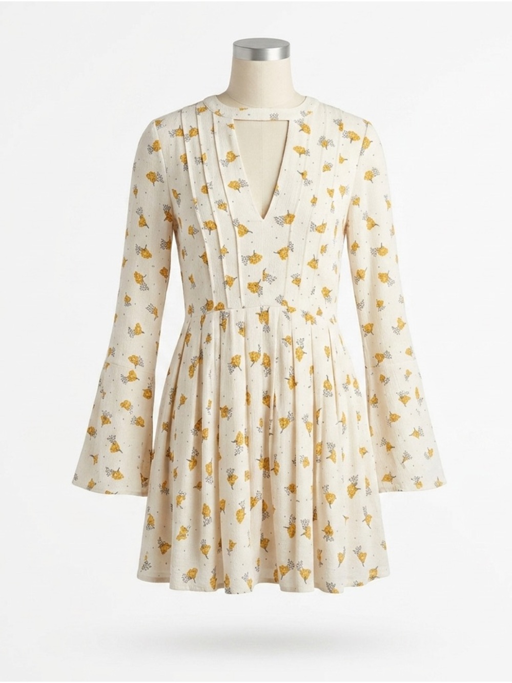 Free People Tegan Mini Dress Size‎ 4 Floral Long Sleeve Boho Choker Neck Cream